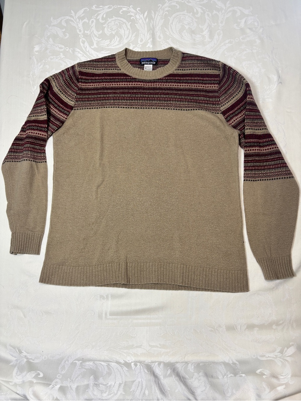 Patagonia Crewneck Sweater in Beige with Burgundy Fair Isle Yoke